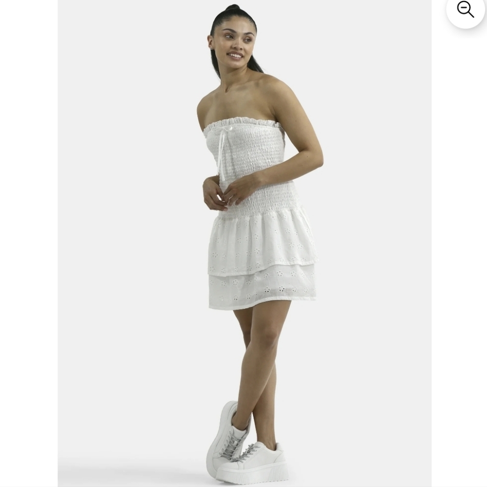 NWT No Boundaries Strapless Smocked Eyelet Ruffle Dress, L, White - Picture 3 of 5